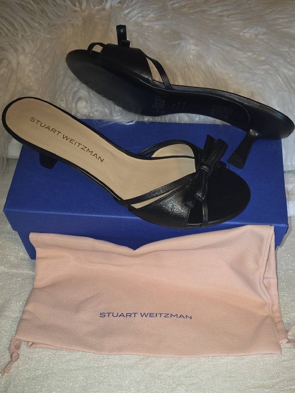 Stuart Weitzman Felicity Slide Black Leather Knot Mule Sandals 10* Heel 2.5 Inch